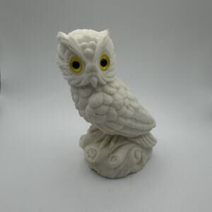 White Horned Owl Figurine Salt Stone Yellow Glass Eyes Made in Italy 5.5" tall